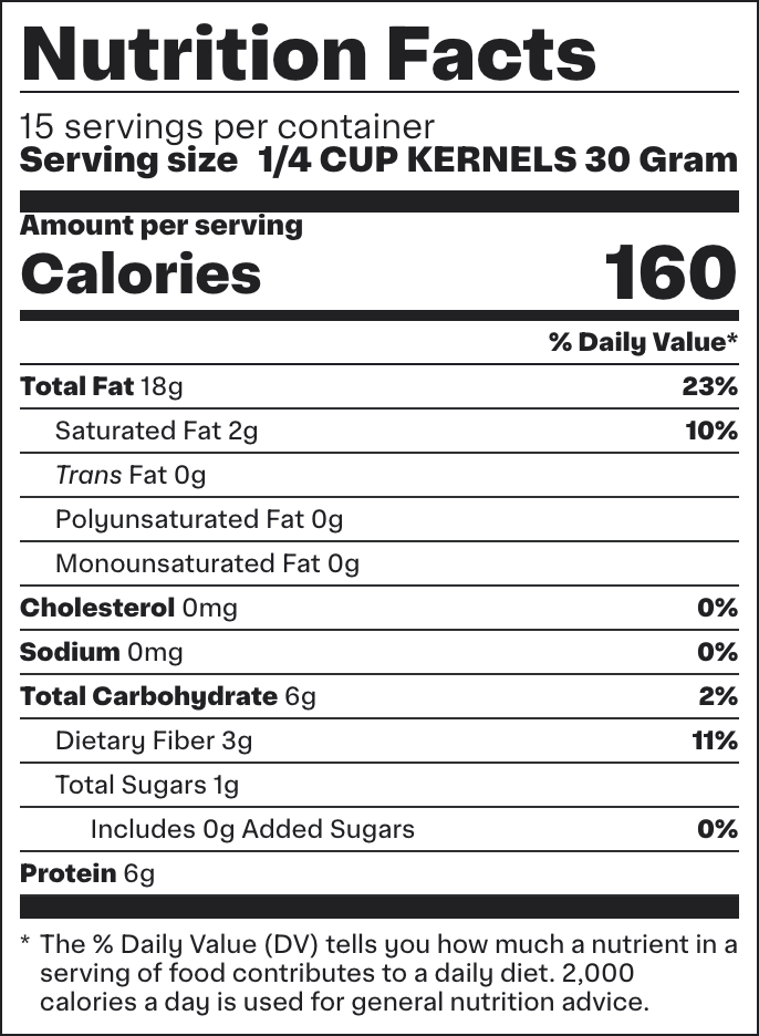 Nutrition facts label showing serving size and gram weight for sunflower kernels